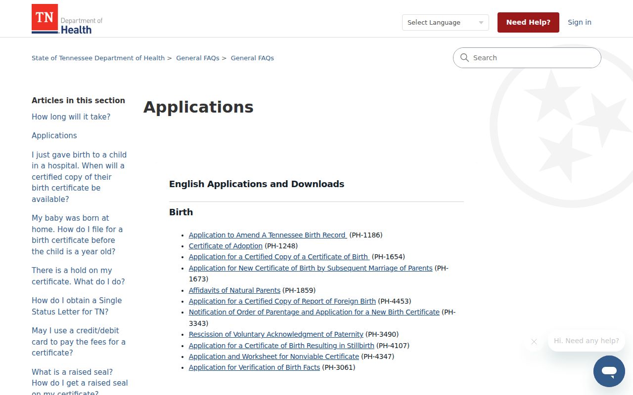 Tennessee Vital Records application list used for Maryville certificate requests