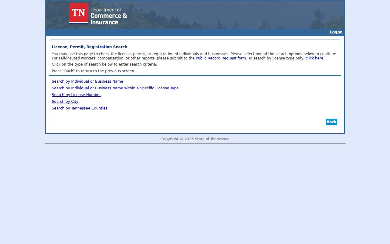 Tennessee Commerce and Insurance license search options