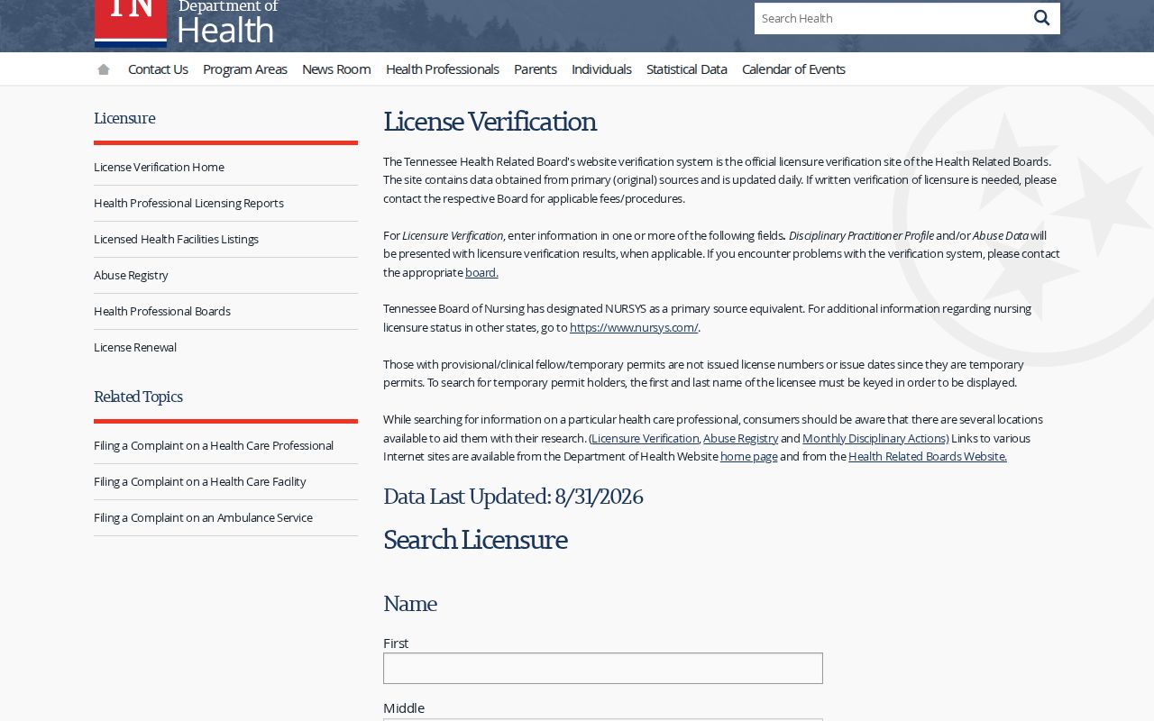 Tennessee health professional license lookup fields